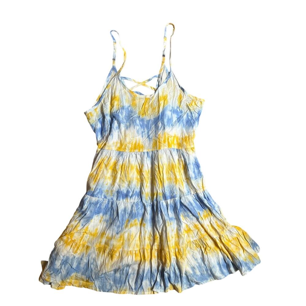 NWT Paradise USA blue yellow tie dyed adjustable strap tiered sun dress SIZE L‎